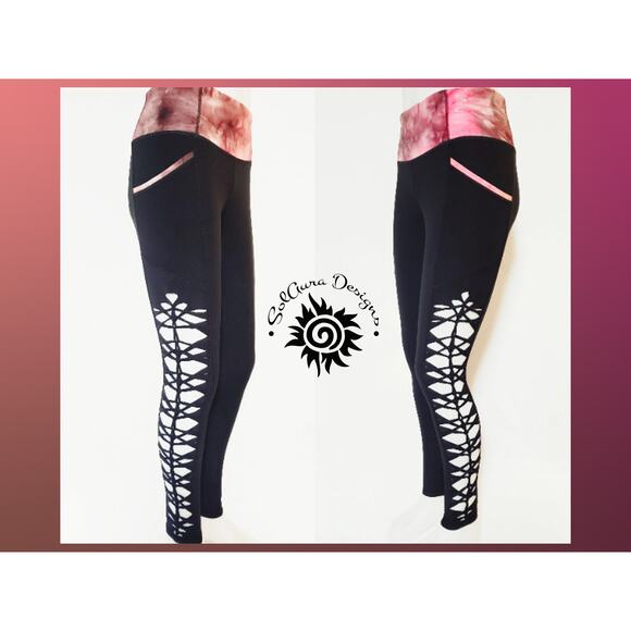 YOGINI - LARGE - Women's/ Junior Non-See Through High Waist Pink Black Leggings - Picture 2 of 4